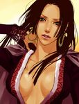  black_hair boa_hancock breasts cape cleavage earrings green_eyes jewelry large_breasts lily_(artist) long_hair lowres one_piece open_clothes open_shirt realistic shirt solo 