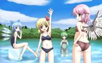  antennae armpits bad_id bad_pixiv_id barefoot bikini bodysuit butt_crack cirno day food highres ice multiple_girls mystia_lorelei one-piece_swimsuit popsicle rumia sakai_(pixiv) sitting swimsuit team_9 touhou wading wallpaper water wings wriggle_nightbug 