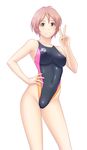  arena_(company) blush breasts competition_swimsuit copyright_request covered_nipples grin hand_on_hip highleg highleg_swimsuit kuri_(kurigohan) medium_breasts navel one-piece_swimsuit pink_eyes pink_hair shiny shiny_clothes short_hair skin_tight smile solo swimsuit v 