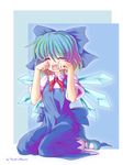  artist_name blue_eyes blue_hair bow cirno closed_eyes crying green_hair mary_janes multicolored_hair north_abyssor open_mouth purple_hair shoes short_hair sitting solo tears touhou wariza wings wiping_tears 