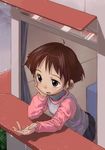  brown_eyes brown_hair child copyright_request rain satou_toshiyuki short_hair skirt solo window 