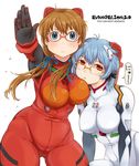  :&lt; alternate_breast_size alternate_hairstyle ayanami_rei bangs bespectacled blue_eyes blue_hair blush bodysuit bow bracer breast_pillow breasts brown_hair copyright_name cosplay cowboy_shot evangelion:_2.0_you_can_(not)_advance frown glasses gloves hair_bow hair_ornament hair_over_shoulder hair_ribbon hand_on_another's_head hips large_breasts logo long_hair looking_at_viewer low_twintails makinami_mari_illustrious makinami_mari_illustrious_(cosplay) multiple_girls neon_genesis_evangelion number outstretched_arm outstretched_hand over-rim_eyewear parted_lips pilot_suit pink-framed_eyewear plugsuit plump rebuild_of_evangelion red_eyes ribbon semi-rimless_eyewear short_hair short_twintails simple_background souryuu_asuka_langley speech_bubble takagi_hideaki thighs turtleneck twintails under-rim_eyewear white_background white_bodysuit yellow-framed_eyewear 