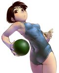 armpits ass ball blue_leotard blush breasts brown_eyes brown_hair copyright_request cowboy_shot holding holding_ball leotard medium_breasts muscle one-piece_swimsuit parted_lips satou_toshiyuki short_hair simple_background solo swimsuit twisted_torso white_background 