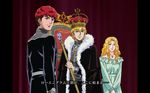  2boys annerose_von_grunewald blonde_hair crown ginga_eiyuu_densetsu multiple_boys red_hair reinhard_von_lohengramm scepter siegfried_kircheis throne 