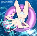  2009 :q afloat aqua_eyes aqua_hair barefoot bikini bracelet diving_mask food hatsune_miku innertube jewelry long_hair looking_at_viewer looking_up messy navel popsicle side-tie_bikini snorkel solo strap_slip striped striped_bikini swimsuit tag tomomimi_shimon tongue tongue_out twintails upside-down vocaloid water water_in_navel 