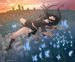  black_hair bug butterfly floating ga-rei ga-rei_zero insect isayama_yomi jasmine_t katana long_hair panties scenery school_uniform sheath solo sword underwear weapon 