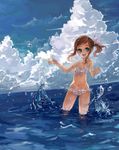  :d bikini brown_hair cloud day front-tie_top green_eyes hair_ribbon happy navel ocean open_mouth original outdoors pisuke polka_dot polka_dot_bikini polka_dot_swimsuit ribbon side-tie_bikini sky smile solo splashing swimsuit wading water 