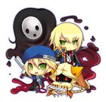  2girls animal_ears animal_hood arakune beret blazblue blonde_hair bolverk braid cat_ears cat_hood chibi claws d_(pixiv544157) grin gun handgun hat hood hoodie jin_kisaragi multiple_girls noel_vermillion slime smile tail taokaka thighhighs twin_braids weapon 