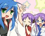  angry bad_id bad_pixiv_id bespectacled blue_eyes blue_hair closed_eyes cosplay gintama glasses green_eyes hiiragi_kagami hiiragi_tsukasa izumi_konata kagura_(gintama) kagura_(gintama)_(cosplay) long_hair lucky_star maruki_(punchiki) mole mole_under_eye mouth_hold multiple_girls purple_hair sakata_gintoki sakata_gintoki_(cosplay) shimura_shinpachi shimura_shinpachi_(cosplay) waving 