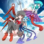  asymmetrical_wings bad_id bad_pixiv_id blue_eyes blue_hair cloud fang grey_hair heterochromia highres houjuu_nue kado karakasa_obake moon multiple_girls panties pantyshot purple_umbrella red_eyes snake tatara_kogasa thighhighs tongue touhou umbrella underwear wings 