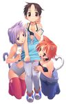  animal_ears bell blush bra breasts brown_hair casual_one-piece_swimsuit cat_ears cat_tail cleavage collar copyright_request kneeling lingerie medium_breasts multiple_girls one-piece_swimsuit orange_hair purple_hair satou_toshiyuki swimsuit tail thighhighs underwear undressing white_legwear 