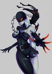  belt breasts chain claws digimon grey_background highres hips ladydevimon large_breasts lips long_hair mask pale_skin simple_background skull solo splashbrush thigh_gap thighs very_long_hair white_hair 