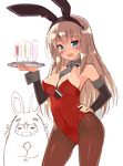  :d alternate_costume animal_costume animal_ears bare_shoulders between_breasts bismarck_(kantai_collection) blonde_hair blue_eyes blush blush_stickers breasts bunny_costume bunny_ears bunny_girl bunny_tail bunnysuit cleavage covered_navel cup detached_collar hand_on_hip highres kantai_collection large_breasts long_hair looking_at_viewer multiple_girls necktie necktie_between_breasts oota_yuuichi open_mouth pantyhose prinz_eugen_(kantai_collection) simple_background smile tail tray white_background wrist_cuffs 