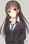  bad_id bad_pixiv_id blazer brown_hair green_eyes hands_in_pockets idolmaster idolmaster_cinderella_girls jacket long_hair looking_at_viewer necktie parted_lips samegami school_uniform shibuya_rin solo 