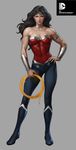  amazon armband armor black_hair blue_eyes blue_shoes boots breasts choker dc_comics diana_prince full_body grey_background hand_on_hip lasso muscle pants parted_lips solo standing stanley_lau star strapless tiara vambraces wonder_woman wonder_woman_(series) 