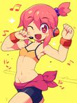  armpits beamed_sixteenth_notes bike_shorts character_request earphones eighth_note eyebrows_visible_through_hair groin hair_bobbles hair_ornament metata musical_note navel one_eye_closed open_mouth original pink_eyes pink_hair short_hair solo sports_bra sweat wristband yellow_background 