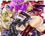  ass bare_shoulders black_gloves black_legwear blonde_hair blush breast_press breasts elbow_gloves fingerless_gloves gloves hat highres horns large_breasts leotard long_hair looking_at_viewer medium_breasts multiple_girls navel pandora_(p&amp;d) purple_eyes purple_hair puzzle_&amp;_dragons red_eyes sonia_(p&amp;d) symmetrical_docking thighhighs unsui_(inamint) wings 