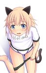  animal_ears blonde_hair blue_eyes blush buruma buruma_pull cat_ears cat_tail gym_shirt helma_lennartz jou_(koe410) long_hair name_tag shirt solo tail underwear world_witches_series 