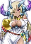  blonde_hair breasts claws cleavage dark_skin egg gold_egg_(p&amp;d) heterochromia highres horns large_breasts long_hair minato_yoshihiro purple_eyes puzzle_&amp;_dragons solo sonia_gran 