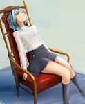  blue_hair breasts chair character_request covered_nipples haigyo highres kneehighs long_sleeves medium_breasts nipples no_bra original ribbon see-through shirt short_hair sitting skirt solo wet wet_clothes wet_shirt yellow_eyes 