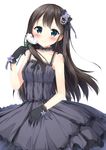  aqua_eyes black_dress black_gloves black_gothic_dress_(idolmaster) black_hair blush camisole collarbone dress flower gloves hair_ornament holding idolmaster idolmaster_cinderella_girls long_hair looking_at_viewer masuishi_kinoto shibuya_rin simple_background smile solo white_background 