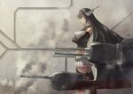 azomo bare_shoulders black_hair cannon commentary crossed_arms elbow_gloves fingerless_gloves gloves headgear highres kantai_collection long_hair machinery midriff nagato_(kantai_collection) navel pleated_skirt red_eyes skirt smoke solo thighhighs turret 