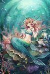  animal animal_ears bottle bubble clam clam_shell coral fish green_eyes head_fins light_rays long_hair looking_at_viewer mermaid monster_girl ocean outdoors pearl perfume_bottle pink_hair senano-yu shell silhouette sitting smile solo submerged sunlight underwater water 