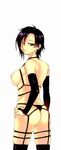  ass black_hair breasts cover cover_page elbow_gloves gloves highres katase_minami large_breasts looking_at_viewer looking_back love_panic nipples short_hair simple_background smile solo thighhighs thong underwear 