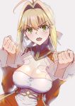  1girl absurdres ahoge bangs blonde_hair blush braid breasts cleavage cleavage_cutout clenched_hands dress epaulettes fate/extra fate_(series) french_braid green_eyes hair_between_eyes hair_intakes hair_ribbon highres juliet_sleeves kujuu_shikuro large_breasts long_hair long_sleeves looking_at_viewer nero_claudius_(fate) nero_claudius_(fate)_(all) open_mouth puffy_sleeves red_dress red_ribbon ribbon simple_background smile solo 