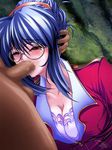  1girl artist_request blue_eyes blue_hair breasts censored character_request cleavage clothed_female_nude_male fellatio forced game_cg glasses head_grab large_breasts nude_male_clothed_female oral rape saliva source_request tears 