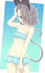 animal_ears bare_arms bare_shoulders bloomers blue_bra blush bra cinderella_bust collarbone grey_hair halftone halftone_background hand_in_hair ishikkoro looking_at_viewer mouse_ears mouse_tail navel nazrin no_pants no_shirt red_eyes solo tail touhou underwear underwear_only 