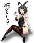  animal_ears black_eyes black_hair breasts bunny_ears bunnysuit detached_collar detached_sleeves glasses gloves highres huge_breasts kantai_collection kirishima_(kantai_collection) looking_at_viewer smile solo thighhighs torii5011 