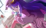  book bottle capelet crescent dress drinking hair_ribbon hat long_hair long_sleeves looking_at_viewer mob_cap patchouli_knowledge pink_dress pink_legwear purple_eyes purple_hair ribbon sinzan solo striped striped_dress thighhighs touhou tress_ribbon very_long_hair wallpaper zettai_ryouiki 