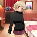  1girl blonde_hair game_cg indoors kagishippo nuku_nuku_asumi plaid plaid_skirt purple_eyes short_hair skirt smile solo standing 