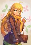  ahoge bag bangs blonde_hair cellphone cellphone_charm coat gloves green_eyes hoshii_miki idolmaster idolmaster_(classic) keychain lipstick long_hair long_sleeves looking_at_viewer makeup olys phone scarf smile solo swept_bangs yellow_gloves yellow_scarf 