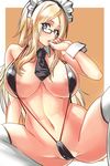  areola_slip areolae black_neckwear blonde_hair blue_eyes blush breasts covered_nipples detached_collar glasses highres jpeg_artifacts large_breasts long_hair maid navel necktie original parted_lips simple_background slingshot_swimsuit solo swimsuit takamura_wamu thighhighs white_legwear wrist_cuffs 