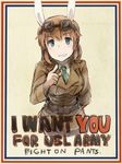  america animal_ears arm_behind_back belt blue_eyes blush bunny_ears charlotte_e_yeager english goggles goggles_on_head grin i_want_you leaning_forward long_hair long_sleeves military military_uniform necktie orange_hair parody pointing pointing_at_viewer poster propaganda ranguage shiraba_(sonomama_futene) smile solo strike_witches uncle_sam uniform world_witches_series 