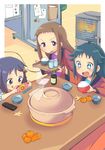  3girls blue_eyes blue_hair bowl chobota chopsticks controller cup drooling food fruit hair_ornament hairclip handheld_game_console heater highres hotpot idolmaster idolmaster_cinderella_girls koseki_reina kotatsu mandarin_orange miyoshi_sana multiple_girls nanjou_hikaru playstation_portable purple_eyes remote_control rice rice_bowl sweatdrop table water 