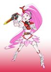  antennae armor belt crossover cure_blossom dagger hanasaki_tsubomi heartcatch_precure! highres horn kamen_rider kamen_rider_kabuto kamen_rider_kabuto_(series) kijinaka_mahiro long_hair magical_girl parody pink_eyes pink_hair precure solo twintails weapon 