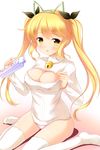  :p animal_ears bashen_chenyue bell blonde_hair blush breasts cleavage covered_nipples fake_animal_ears hair_ribbon highres holding large_breasts long_hair long_sleeves meme_attire milk_carton open-chest_sweater original panties ribbed_sweater ribbon sitting solo sweater thighhighs tongue tongue_out twintails underwear wariza white_legwear white_panties 