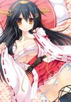  black_hair breasts cleavage detached_sleeves furukawa_lemon hairband haruna_(kantai_collection) japanese_clothes kantai_collection long_hair medium_breasts nontraditional_miko panties panty_pull ribbon-trimmed_sleeves ribbon_trim sarashi skirt smile solo thighhighs underwear white_panties 