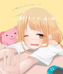  akky_(akimi1127) blonde_hair blush brown_eyes drooling futaba_anzu handheld_game_console highres idolmaster idolmaster_cinderella_girls long_hair one_eye_closed open_mouth playstation_portable solo stuffed_animal stuffed_toy twintails 