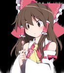  ascot bad_id bad_pixiv_id bare_shoulders black_background bow brown_eyes brown_hair commentary_request detached_sleeves empty_eyes food food_on_clothes hair_bow hair_tubes hakurei_reimu hammer_(sunset_beach) ice_cream long_hair solo touhou upper_body wide_sleeves 