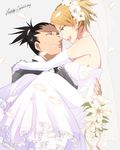  1girl bare_shoulders black_hair blonde_hair bridal_veil carrying couple dress elbow_gloves flower gloves green_eyes hair_flower hair_ornament hetero long_hair md5_mismatch nara_shikamaru naruto naruto_(series) petals ponytail princess_carry rina_(13135785) smile temari veil wedding_dress 