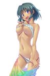  areola_slip areolae blush brazil brazilian breasts collarbone covered_nipples dark_skin gradient_sarong green_hair idolmaster idolmaster_cinderella_girls large_breasts looking_at_viewer maru_(sara_duke) multicolored multicolored_sarong natalia_(idolmaster) navel open_mouth panties panty_pull purple_eyes sarong short_hair simple_background smile solo stomach tubetop_lift underboob underwear 