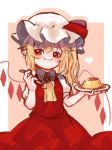  1girl :t ascot bangs blonde_hair blush border brooch brown_background commentary cowboy_shot crystal english_commentary fang_out flandre_scarlet food hair_between_eyes hat hat_ribbon head_tilt highres holding holding_plate holding_spoon jewelry long_hair looking_at_viewer mob_cap one_side_up outside_border plate pointy_ears pudding puffy_short_sleeves puffy_sleeves red_eyes red_ribbon red_skirt red_vest ribbon shirt short_sleeves simple_background sketch skirt skirt_set smile solo spoon touhou vest white_border white_hat white_shirt wings yellow_neckwear yoruny 