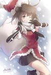  antenna_hair black_gloves boots brown_eyes brown_hair christmas double_bun elbow_gloves gloves hat kantai_collection morigami_(morigami_no_yashiro) naka_(kantai_collection) neckerchief one_eye_closed pleated_skirt sack santa_hat school_uniform serafuku short_hair skirt smile snow snowing solo twitter_username 