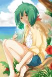  1girl 9rmm ahoge alternate_costume barefoot beach denim denim_shorts flower green_hair hibiscus innertube leg_hug macross macross_frontier ocean outdoors ranka_lee red_eyes short_hair shorts sitting smile solo 