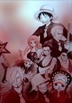  6+boys brook formal franky hair_over_one_eye hat headphones monkey_d_luffy monochrome multiple_boys nami nami_(one_piece) nico_robin one_piece roronoa_zoro sanji smile straw_hat suit tony_tony_chopper usopp 