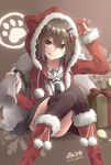  alternate_costume animal_hood box brown_eyes brown_hair cat_hood christmas gift gift_box hair_ornament hood kantai_collection morigami_(morigami_no_yashiro) necktie paw_print pleated_skirt sack santa_costume school_uniform sendai_(kantai_collection) serafuku short_hair skirt smile solo thighhighs twitter_username 